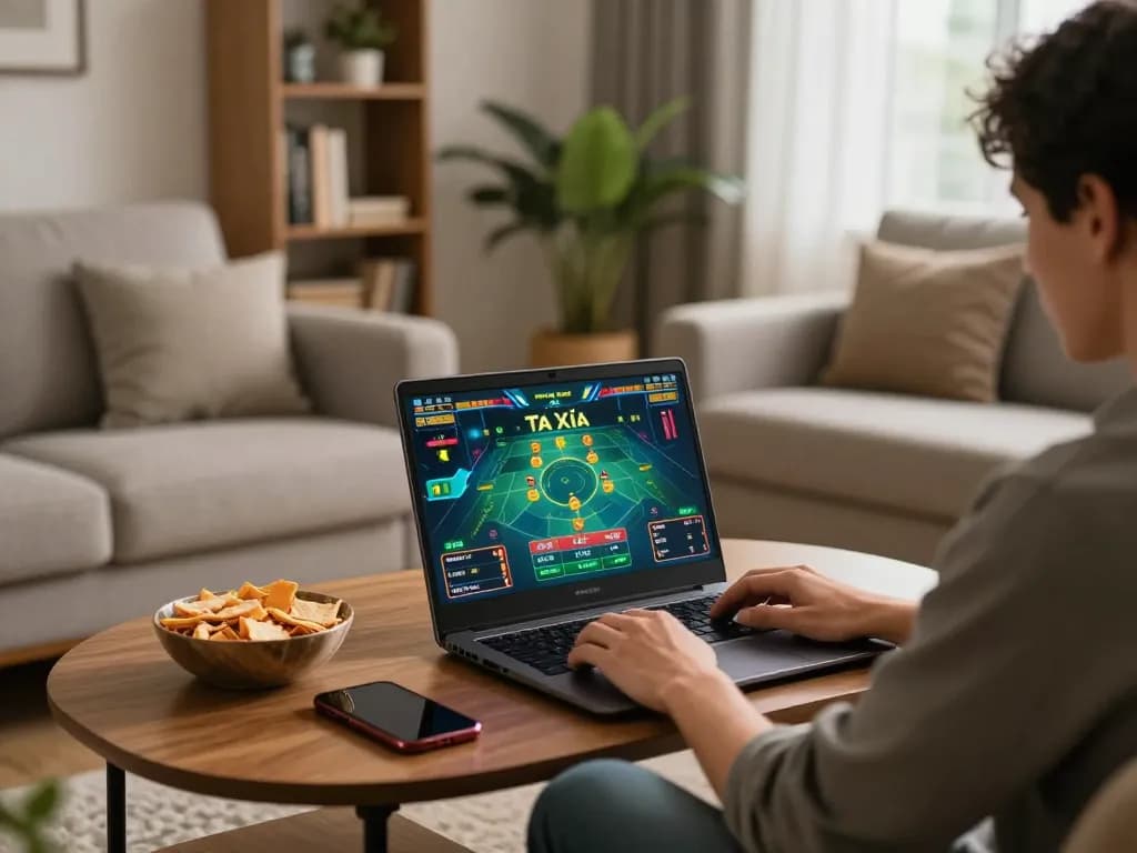 Tài Xỉu Online gaming setup at home with a laptop and cozy atmosphere