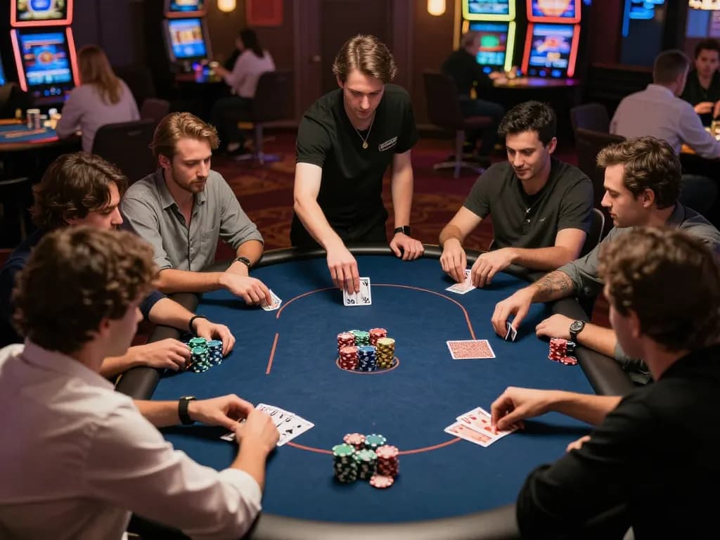 Players engaging in strategic poker gameplay at 79 king casino, showcasing a vibrant atmosphere with colorful chips.
