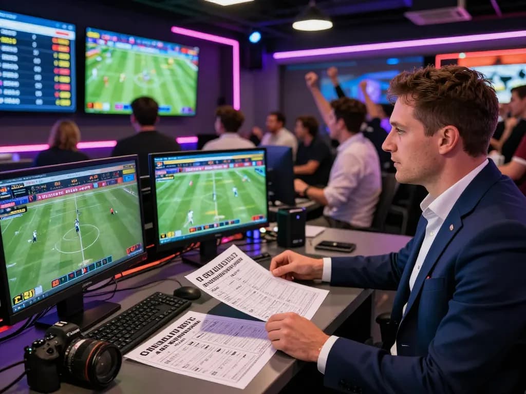 Dynamic betting lounge showcasing tỷ lệ kèo nhà cái 5 with live match analysis, engaging atmosphere of sports.