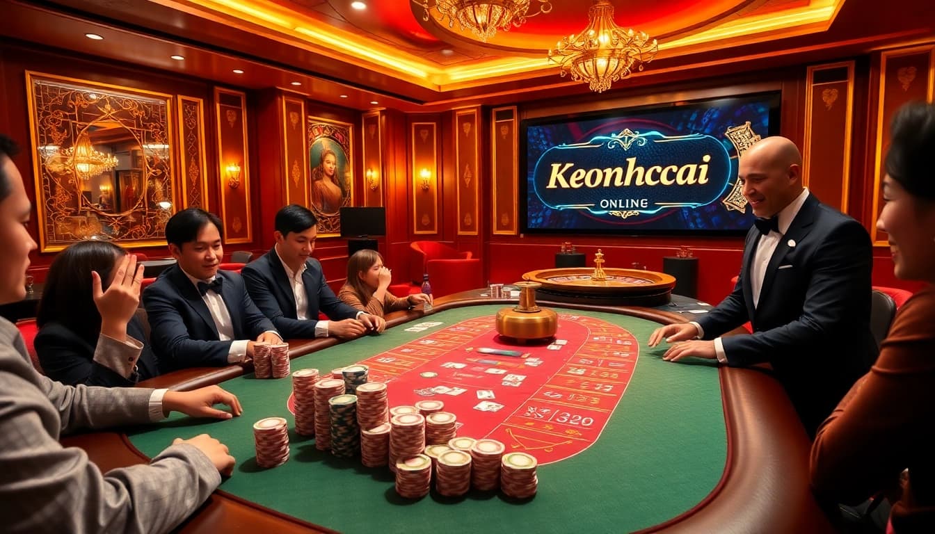 Exciting gambling scene with Keonhacai branding at a luxury poker table.