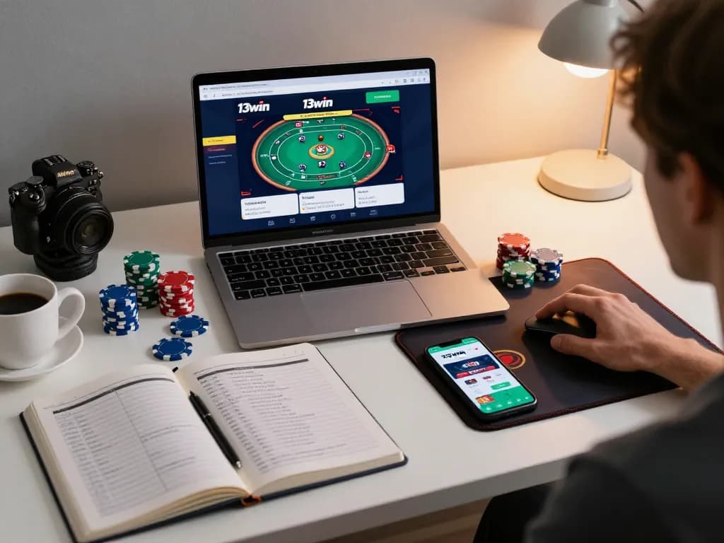 Engaging online gaming session showing a player using the 13win link vào on a laptop with a cozy home setting.