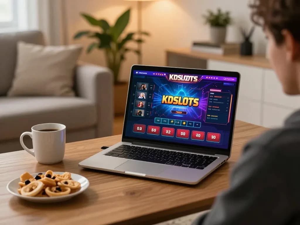 KDslots online gaming experience showcasing a user engaging with vibrant game graphics in a cozy setup.