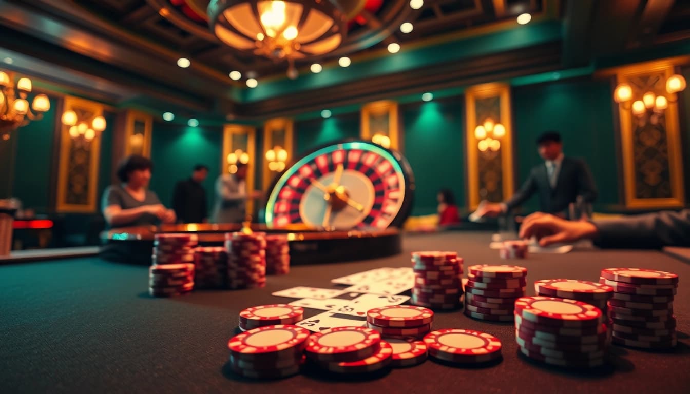 A dynamic casino scene with players engaging at poker tables; includes elements from https://g28.store/ for a vibrant betting atmosphere.