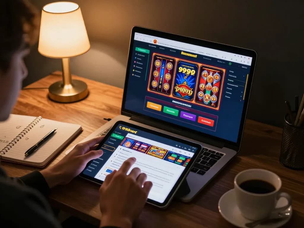 Engaging with 999bet on a tablet in a stylish home setting, showcasing online gambling strategy.
