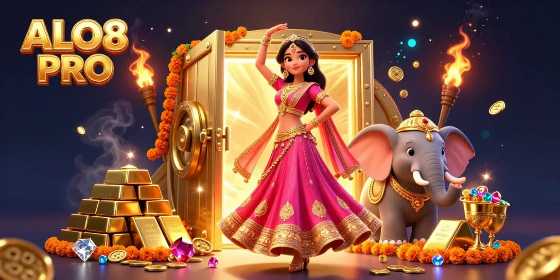 Experience the excitement of ALO8 PRO with vibrant visuals of casino treasures and playful characters.