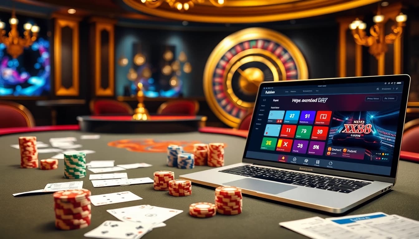 Exciting gambling scene highlighting the online experience at https://xx88.day/ with poker chips and a roulette wheel.