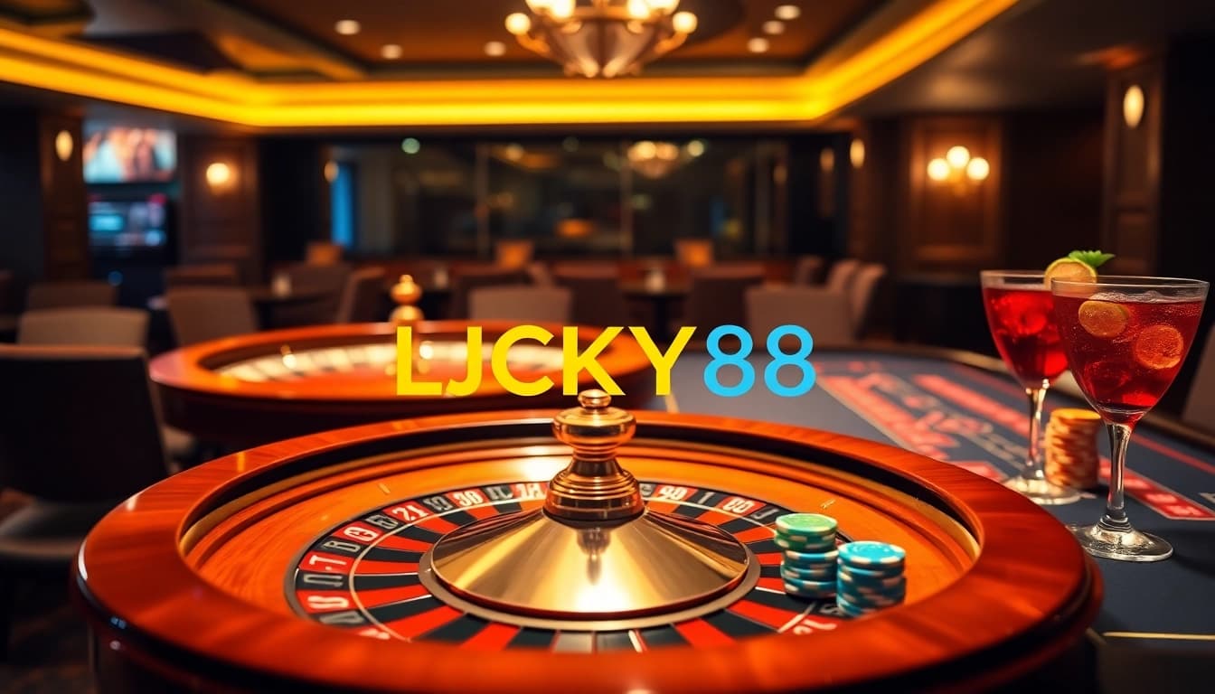 Immerse in a vibrant LUCKY88 casino scene with roulette and poker excitement.