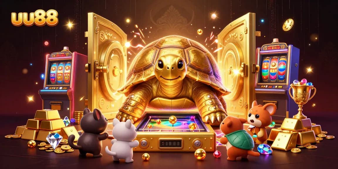 uu88 captures excitement with a colossal golden tortoise pinball machine amidst treasures and slot elements
