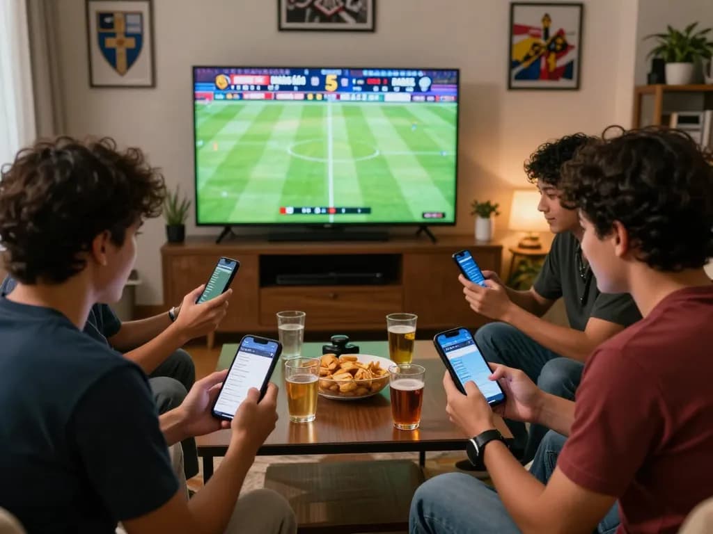Friends cheering and discussing kèo nhà cái 5 odds while watching live sports in a cozy living room.