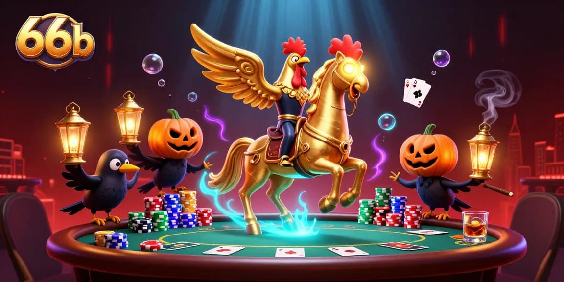 Experience thrilling action at 66b with a golden rooster and poker elements in a vibrant casino