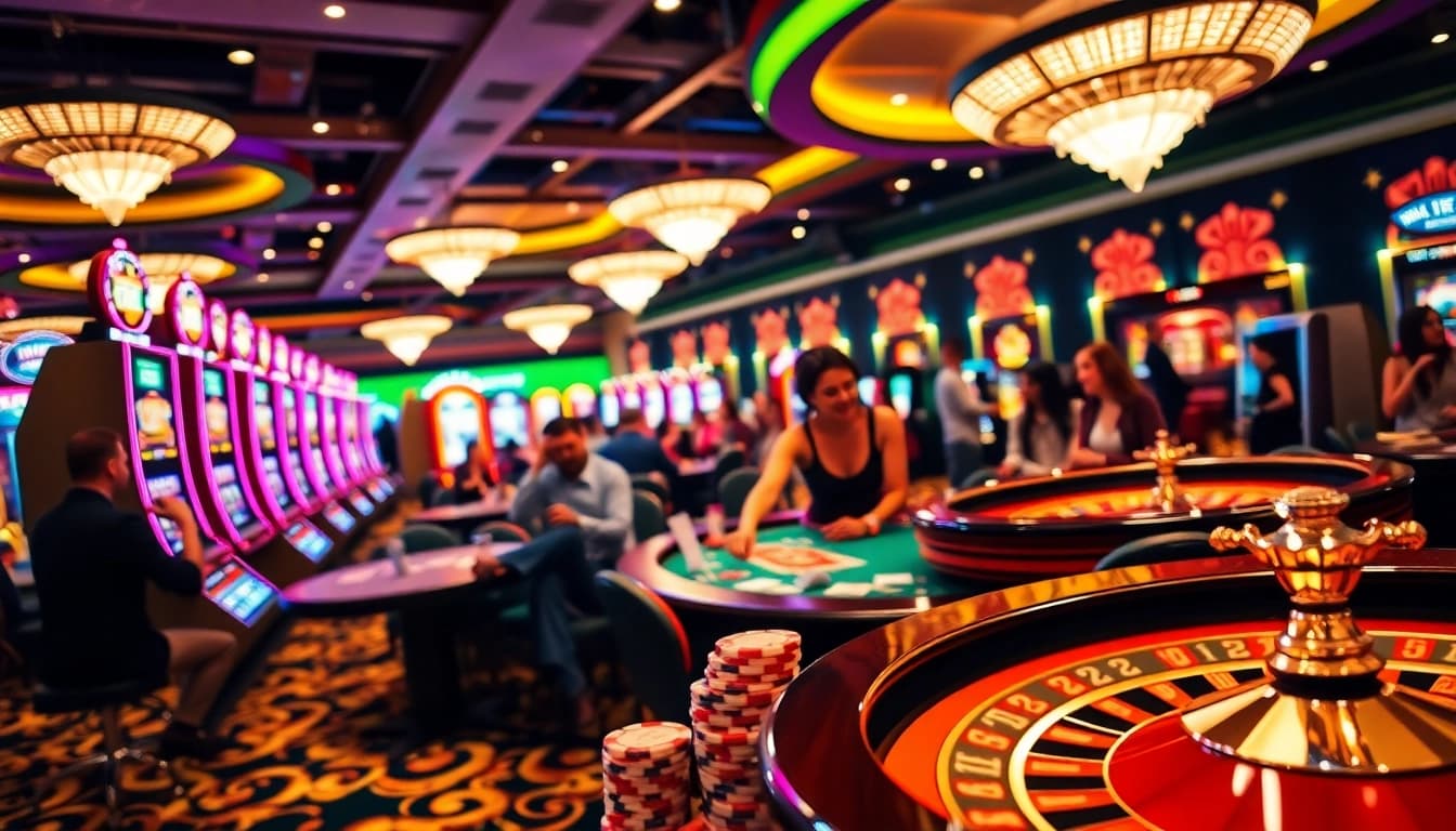 Exciting gaming action at CASINO LUCK8 with players at tables and vibrant slot machines.
