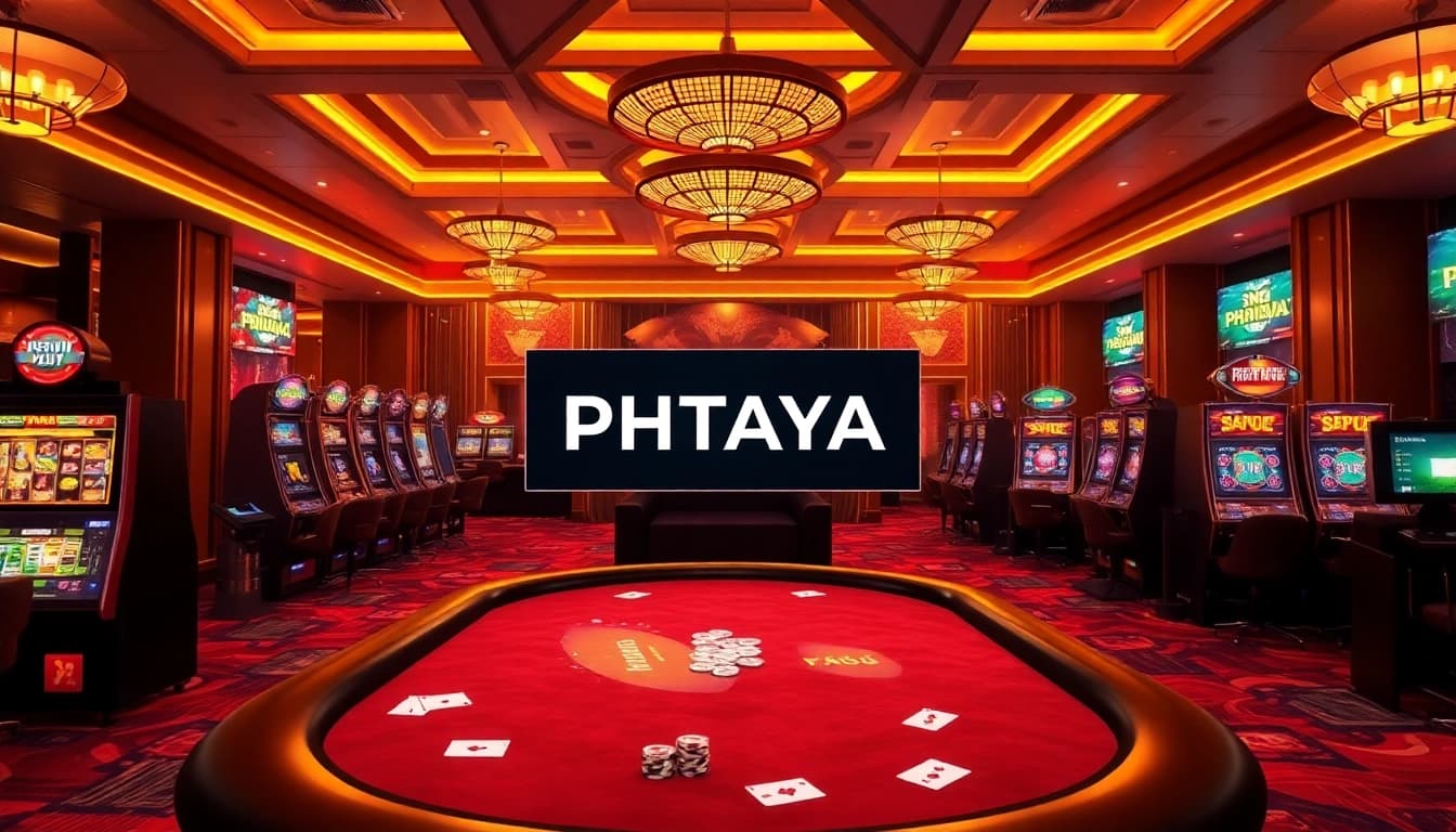 PHTAYA online casino interface featuring vibrant slots, poker tables, and luxury details.