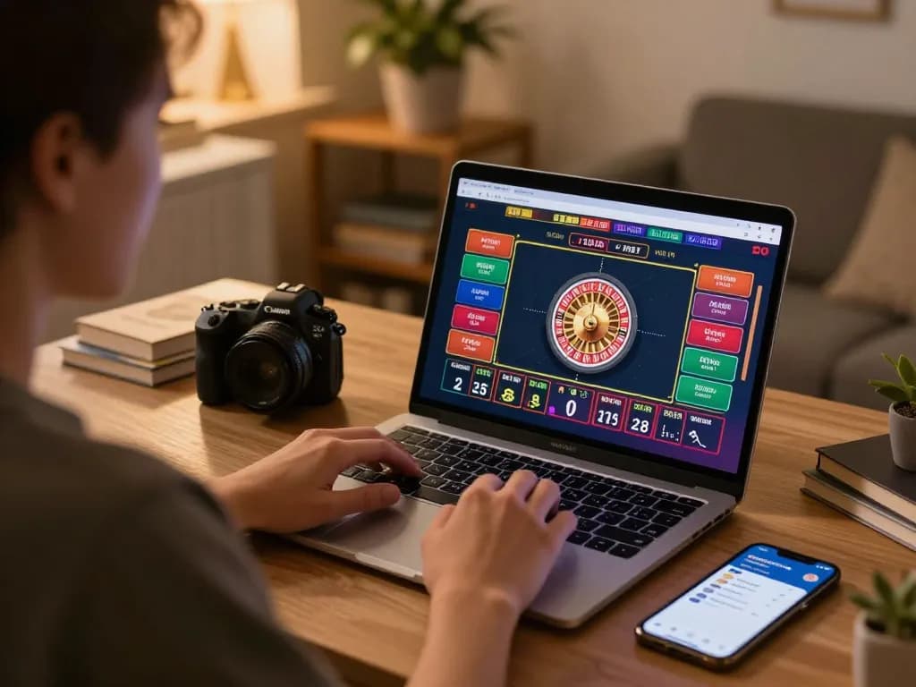 Player engaging in online roulette with Go8 options while managing bankroll from a cozy home office