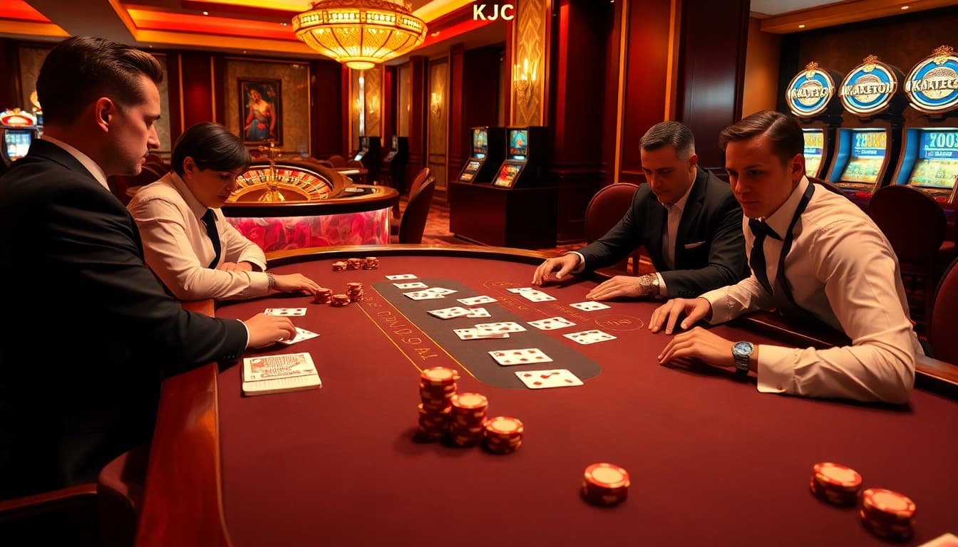 Experience the thrill of KJC's luxurious poker games with vibrant cards and high-stakes chips.