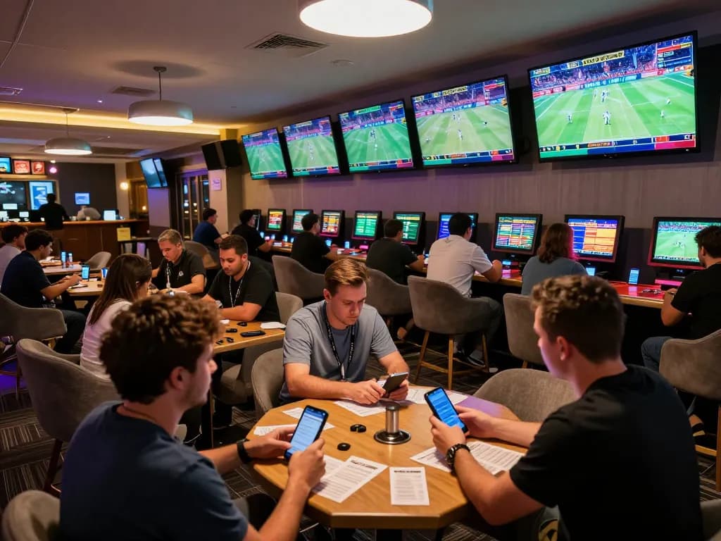 SBOBET users engaging in live sports betting at a modern lounge, showcasing excitement and dynamic atmosphere