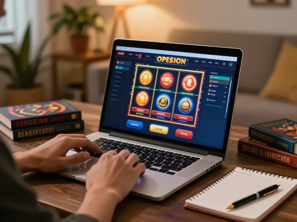 Engaging online gaming scene on https://sc88.casino/ showcasing a laptop with interactive casino games and strategy notes.