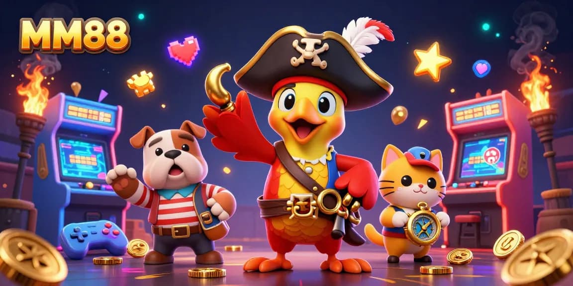 Experience big wins with MM88 in a vibrant 3D arcade casino scene featuring pirates and gaming elements.
