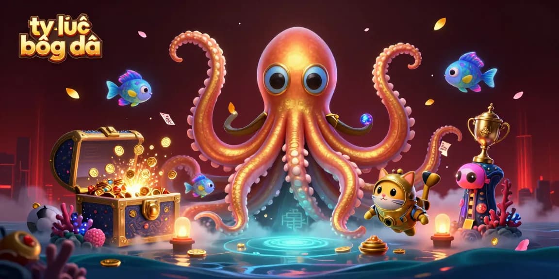 Engage in tỷ lệ bóng đá, exploring thrilling sports betting dynamics with a vibrant, detailed underwater scene featuring a kraken.