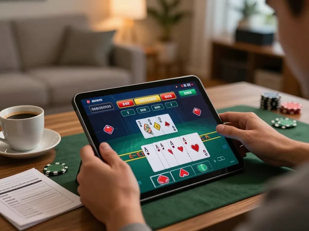 Playing blackjack on a tablet with https://kjc365.com/ login on the screen, showcasing online gambling strategy.