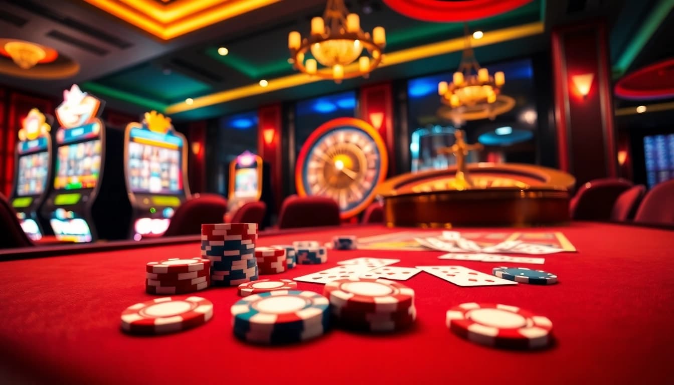 Placing bets at a vibrant casino table, featuring games from ok8386.com and poker chips.