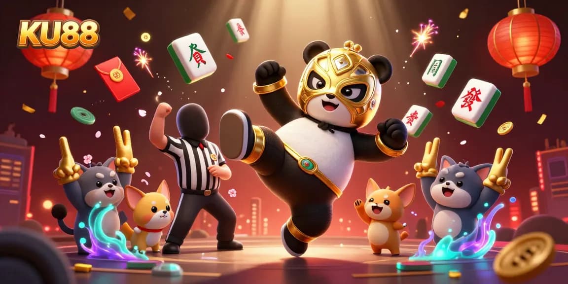 KU88 casino scene featuring an action-packed scene with a panda wrestler, a counting chihuahua, and exciting gambling elements.
