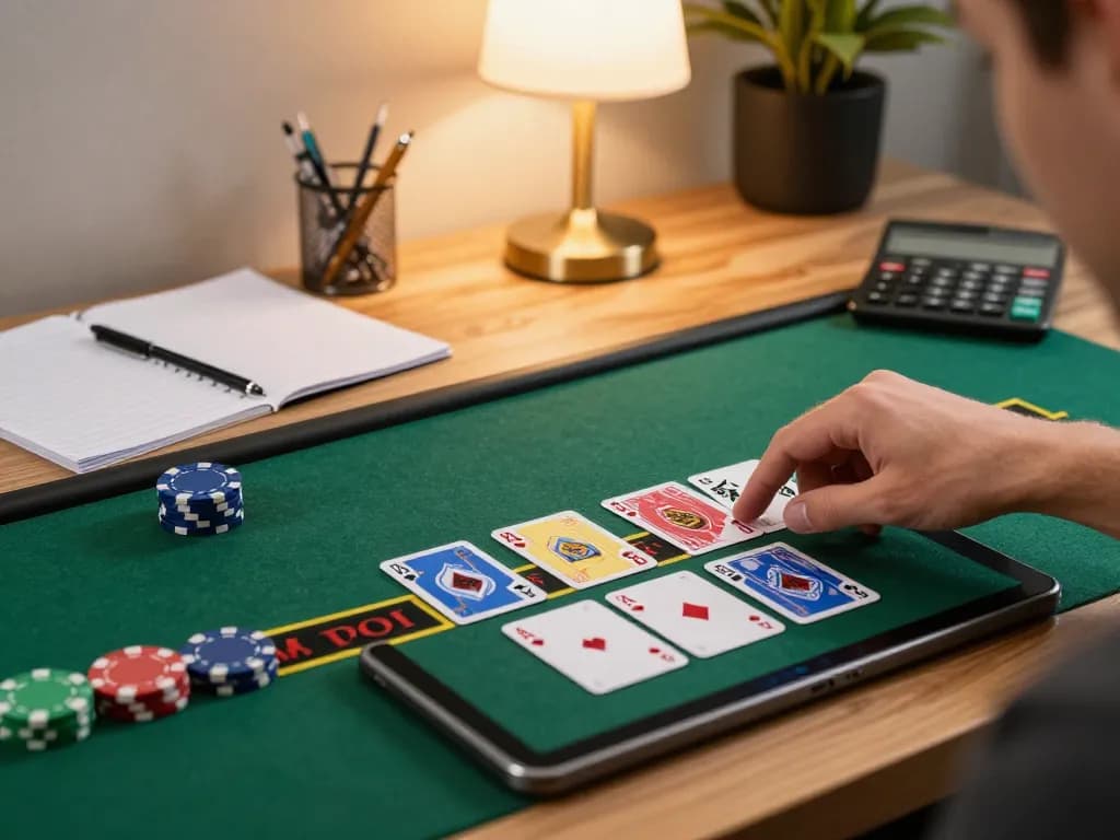 Player engaging in an online blackjack game via xo88a app with strategic focus.
