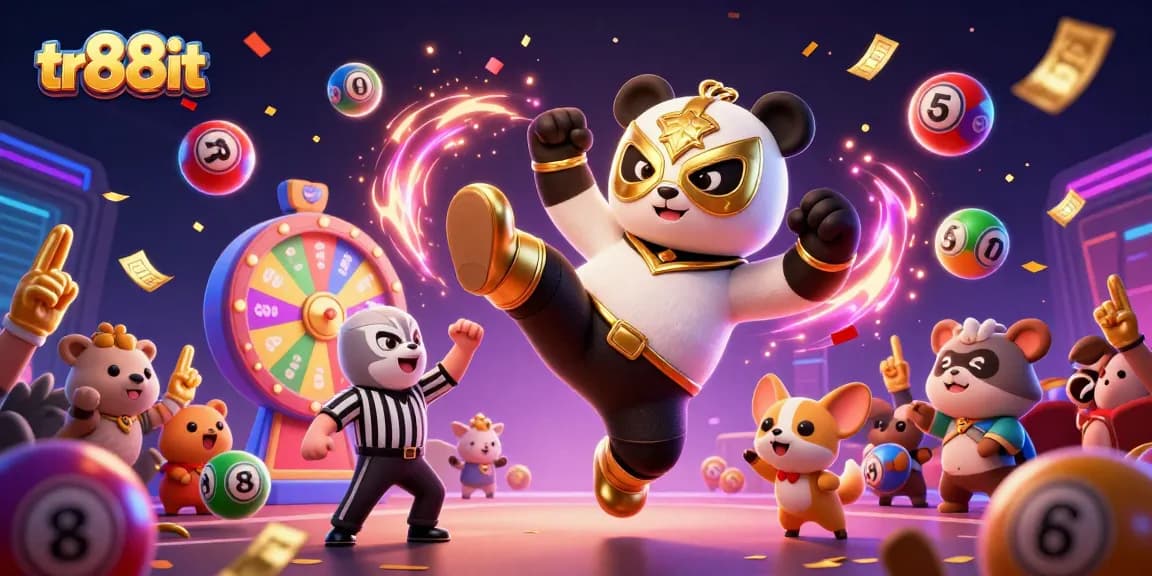 Experience thrilling action at tr88it with a dynamic scene of a panda wrestler and animal crowd celebrating winning moments.