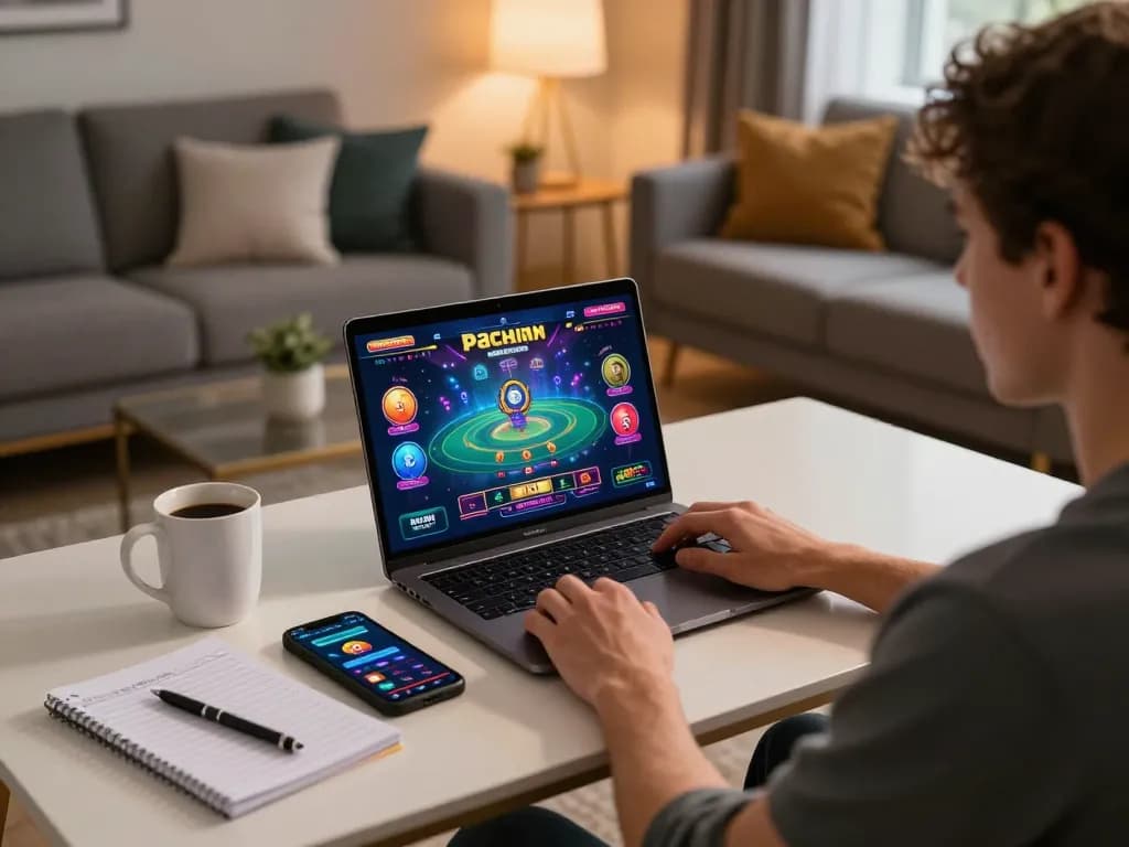 Engaging in online gaming at home with XX88 on a laptop, showcasing strategy notes and betting app in a cozy setting.