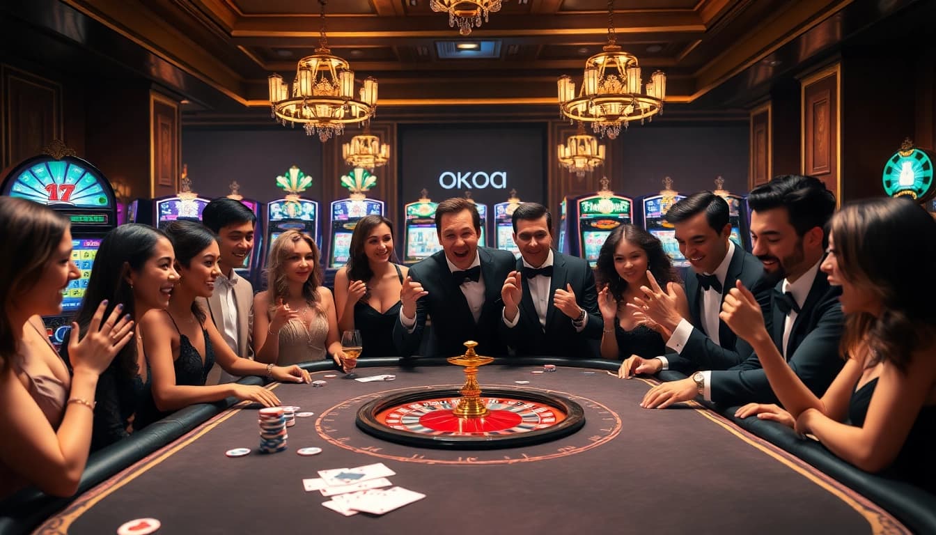 Players enjoying the excitement of a NOHU casino gaming table, surrounded by vibrant slot machines.