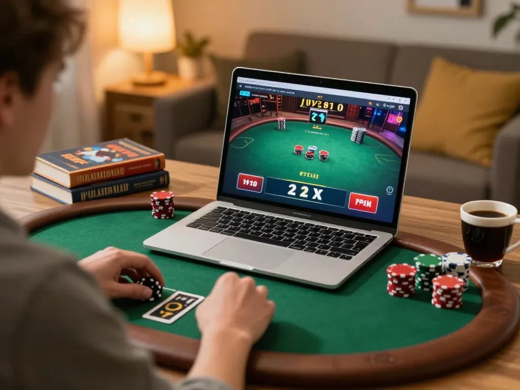 Player enjoying online poker at home with alo8 casino app, capturing the excitement of interactive gameplay.