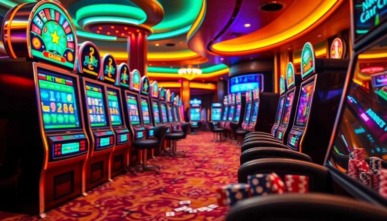 Experience the thrill of nổ hũ with vibrant slot machines and colorful casino elements.