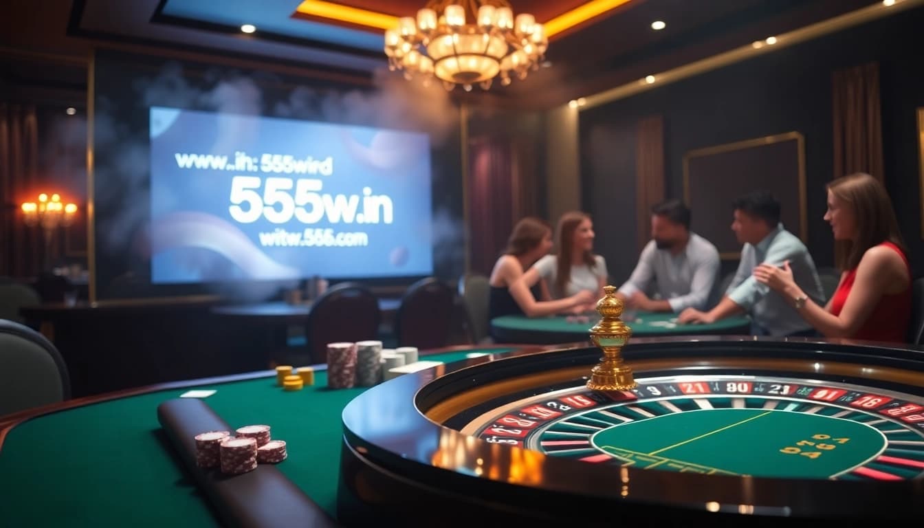 Players enjoying casino games at https://555w.in/, featuring vibrant chips and luxurious decor.