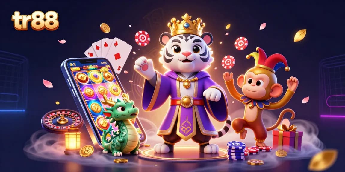 Engage with tr88's exciting casino experience featuring a cartoon tiger, monkey juggling, and slot games.