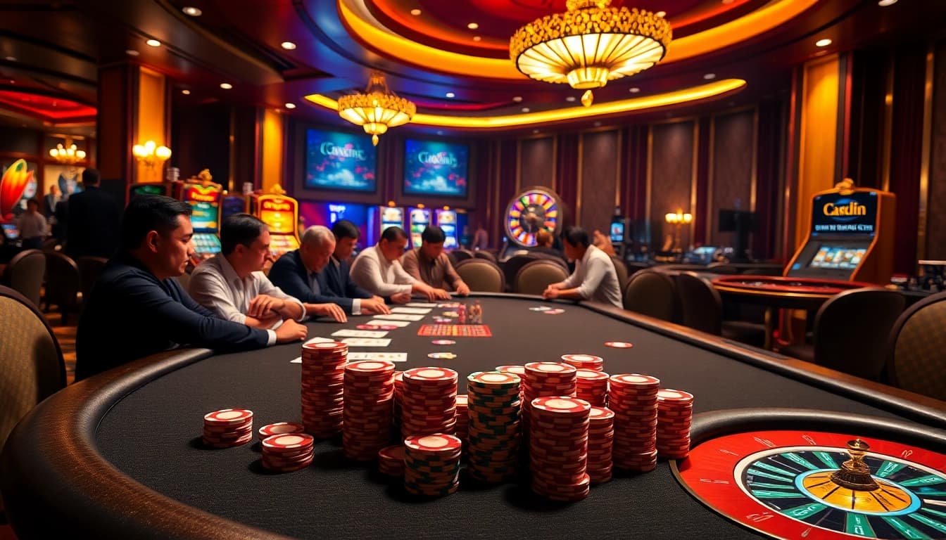 Players strategizing at 678VIP poker table filled with colorful chips and illuminated cards.