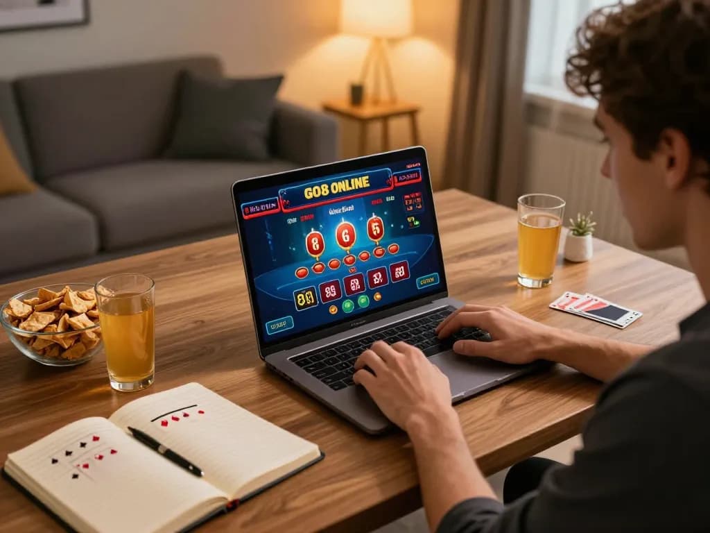 Enjoying an exciting gaming session on go8 with laptop at home, betting strategies visible.