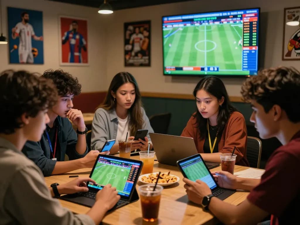 Exciting scene analyzing tỷ lệ kèo nhà cái 5 in a modern sportsbook with friends.
