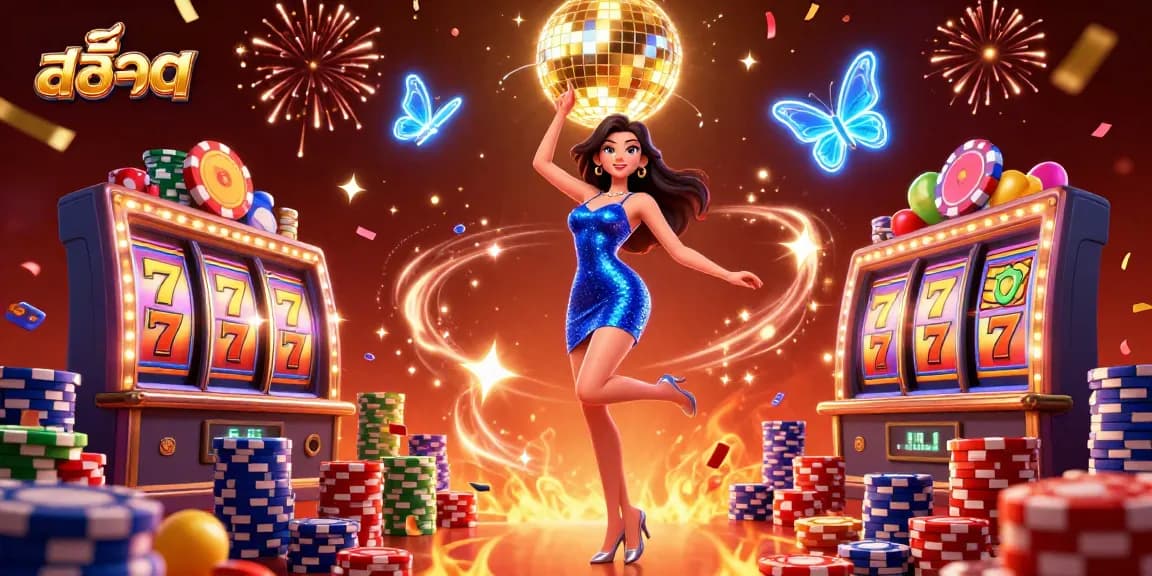 Engaging image of glamorous 3D woman celebrating with สล็อต symbols and dynamic casino elements.