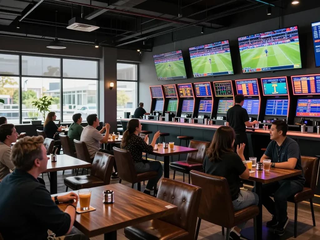 Bongdalu users engaging in live sports betting at a modern lounge, showing screens and lively atmosphere