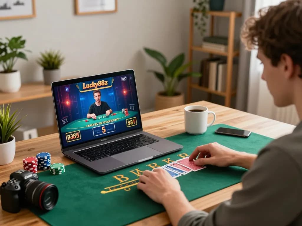 Player enjoying blackjack gameplay on laptop at home, embodying lucky88z exciting online gambling experience