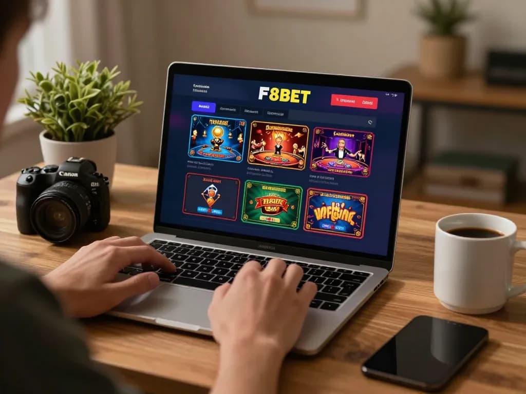 Engaged player using F8BET platform for live betting in a cozy home office setting