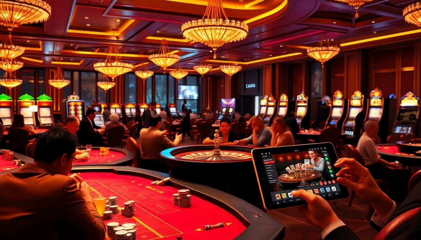 Lively casino atmosphere showcasing players at tables and online access at https://luongson171.tv/.