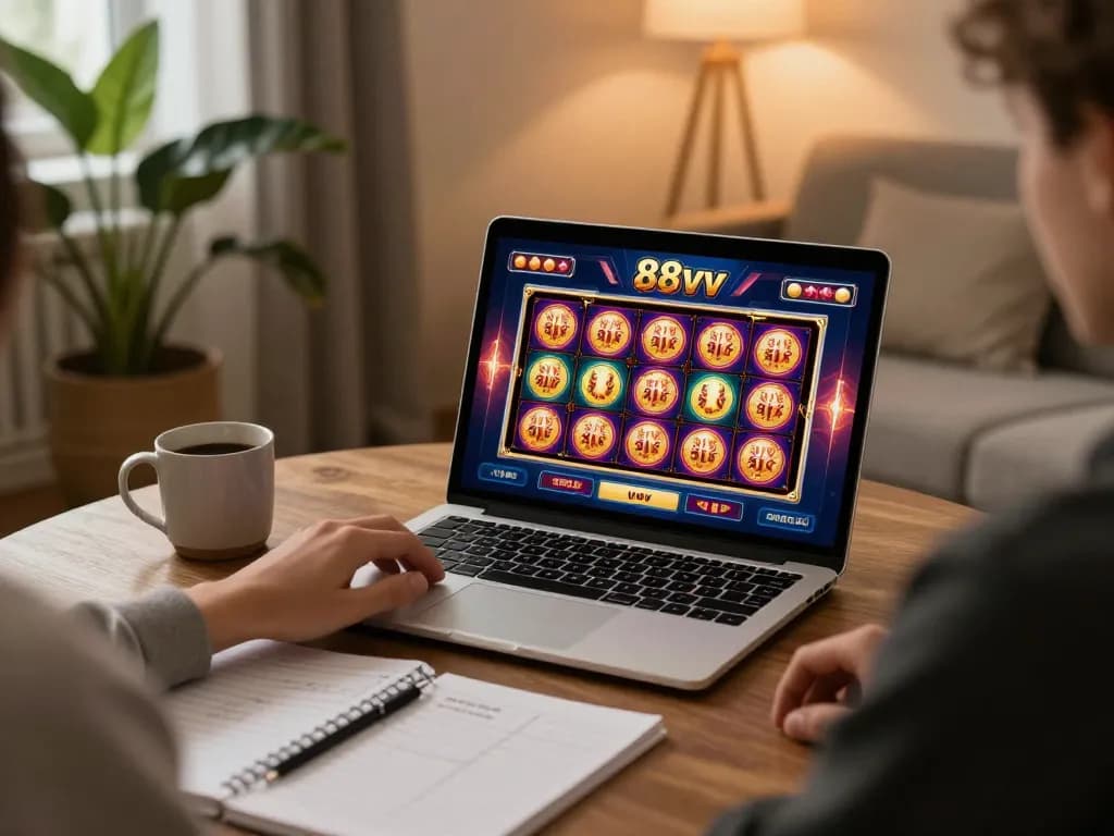 Person enjoying 88vv online casino gaming at home with vibrant slot screen display