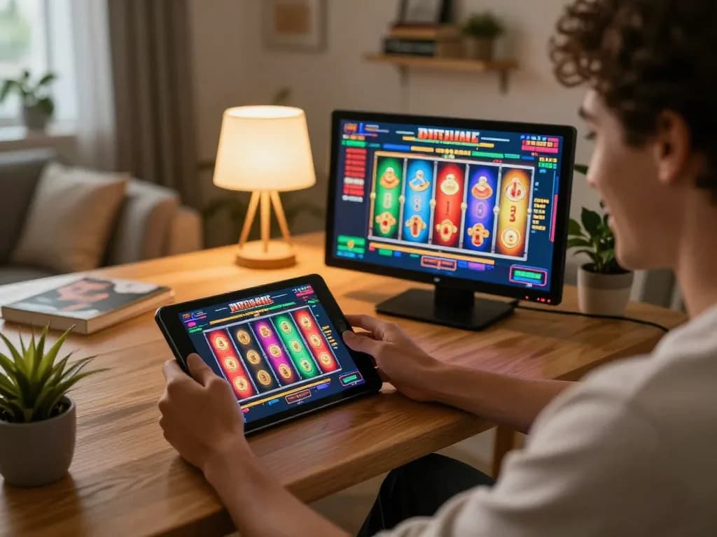 Player engaging with online slot games at home, showcasing OK365's interactive gaming interface