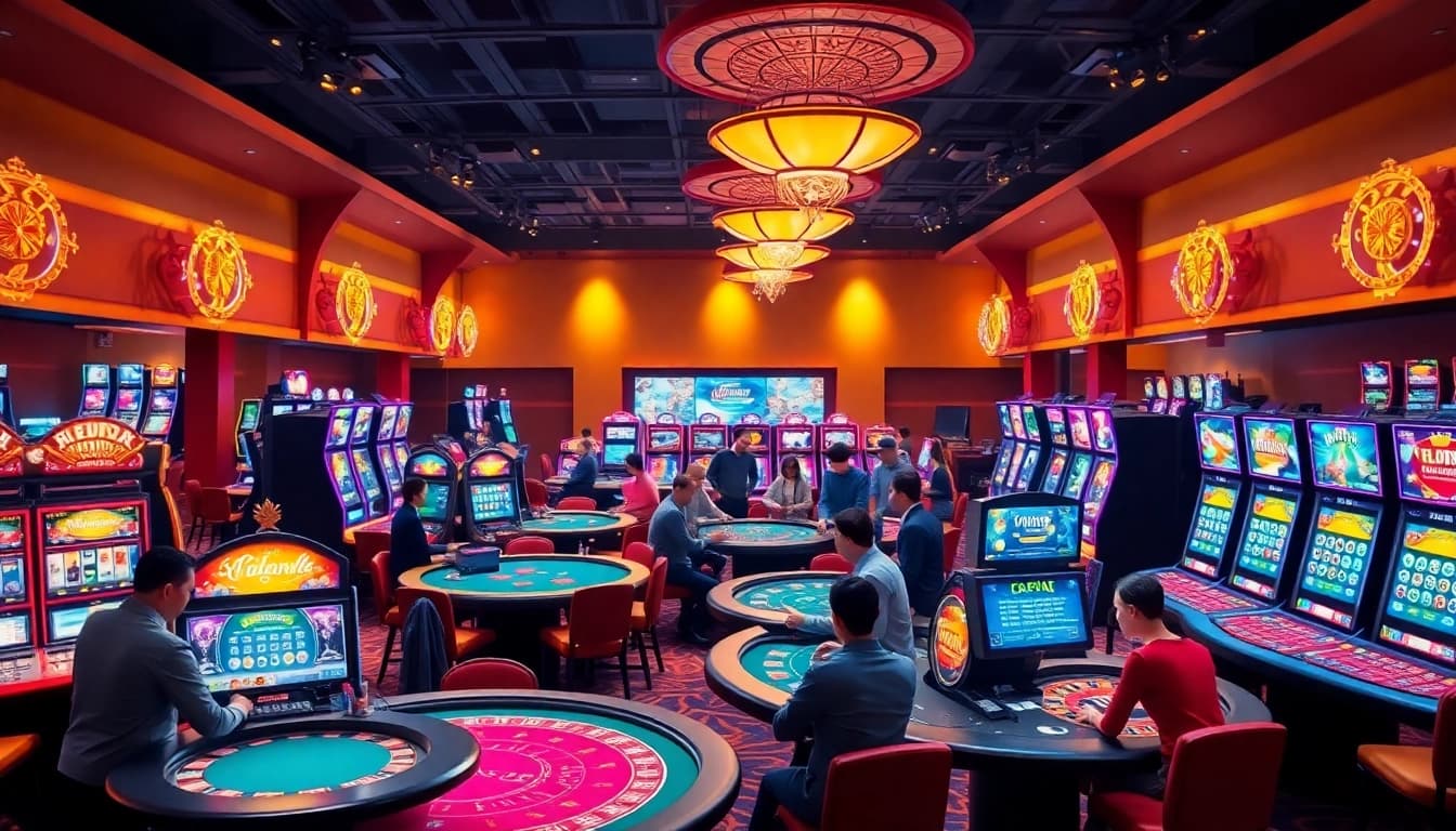 Sòng bạc trực tuyến 69VN lively casino scene with diverse games and friendly dealers