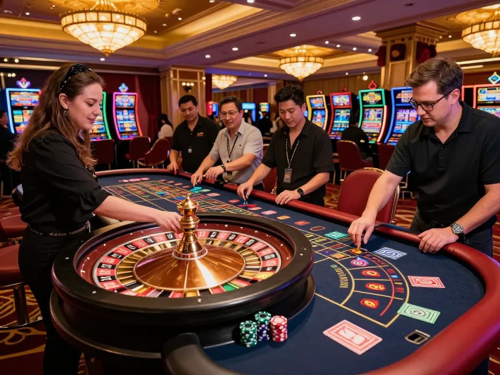 RED88 players placing bets at a roulette table in a luxurious casino atmosphere.