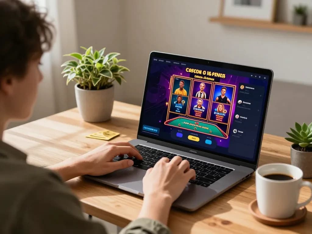 Engaging scene of a player enjoying 33win online casino gaming on a laptop at home.
