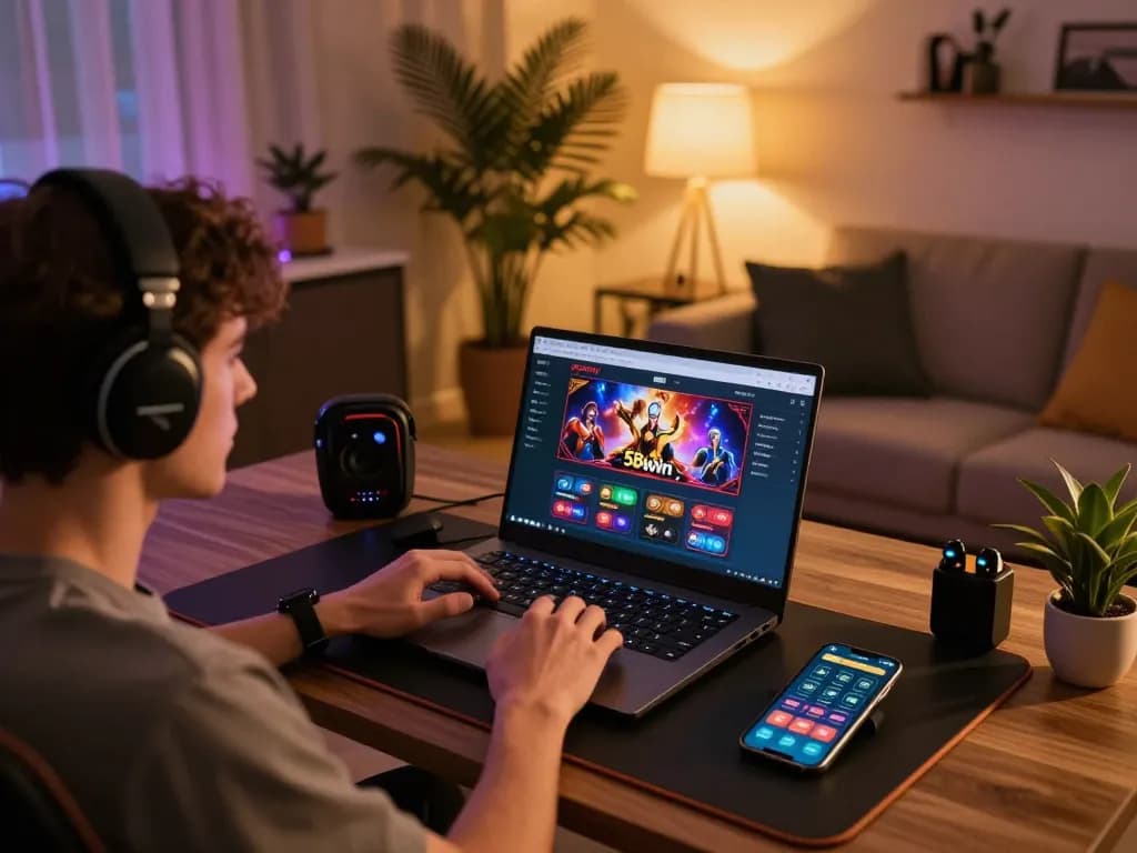 A person engages with the 58wiin online casino interface on a laptop in a cozy home setting.