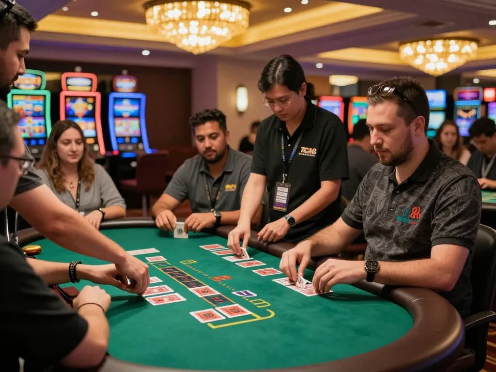 Engaged players enjoying blackjack strategy at TA88 casino, vibrant atmosphere and dynamic action.