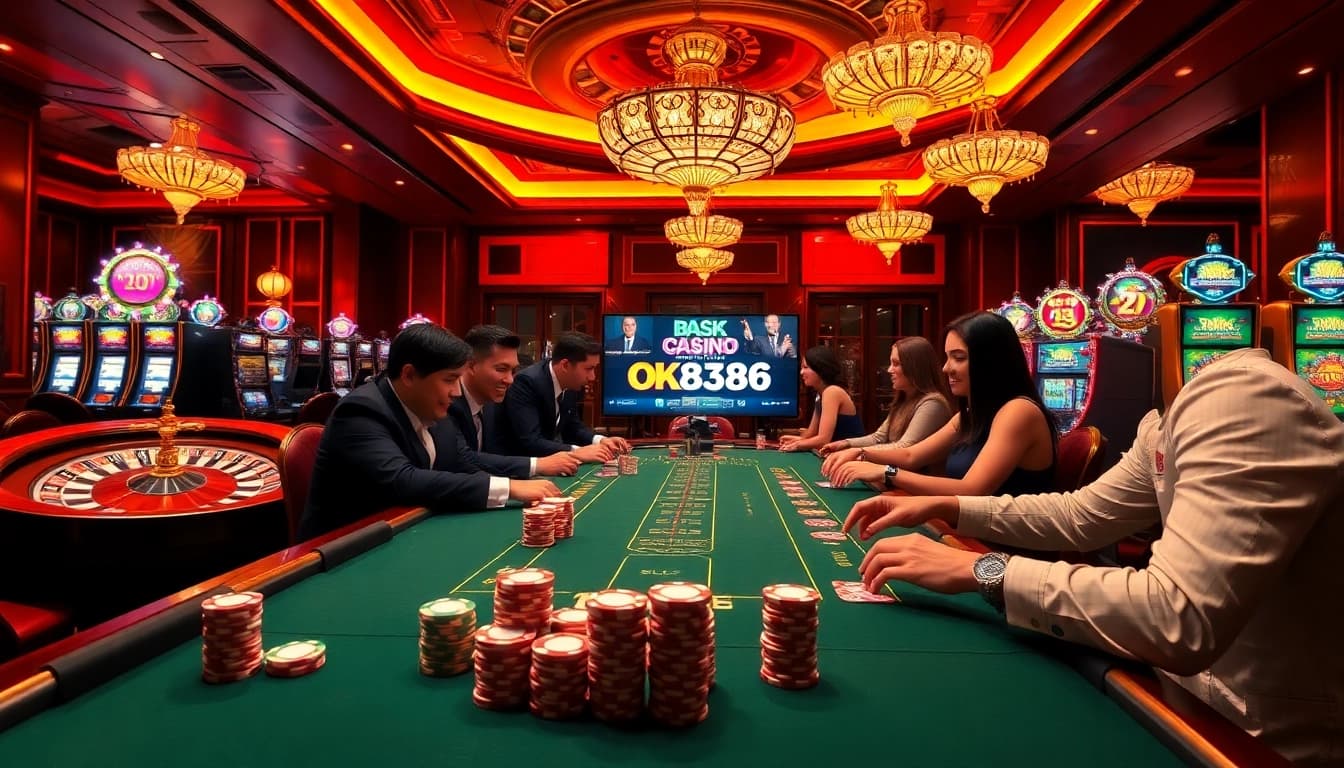Exciting poker action at OK8386, showcasing vibrant chips and a roulette wheel in a luxurious casino environment.