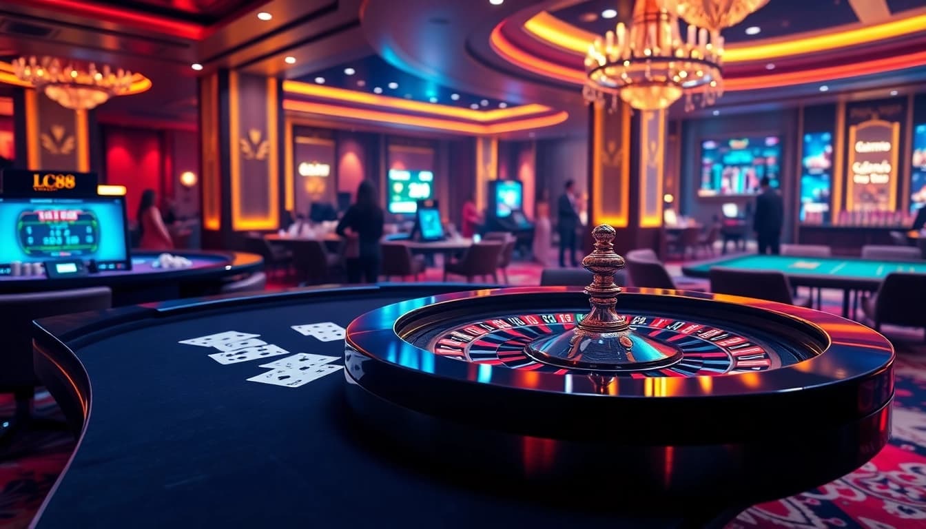 Players enjoying a thrilling moment at LC88 casino's roulette table filled with chips and cards.